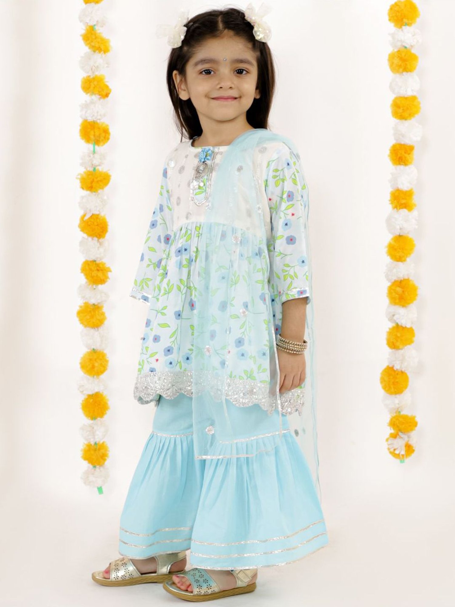 Little Bansi Kids Blue & White Floral Print Suit Set