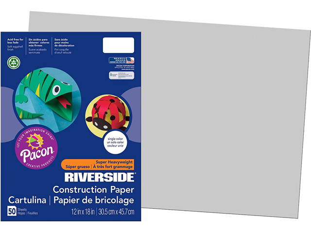 Pacon 103632 Riverside Construction Paper, 76 lbs., 12 x 18, Gray, 50 Sheets/Pack