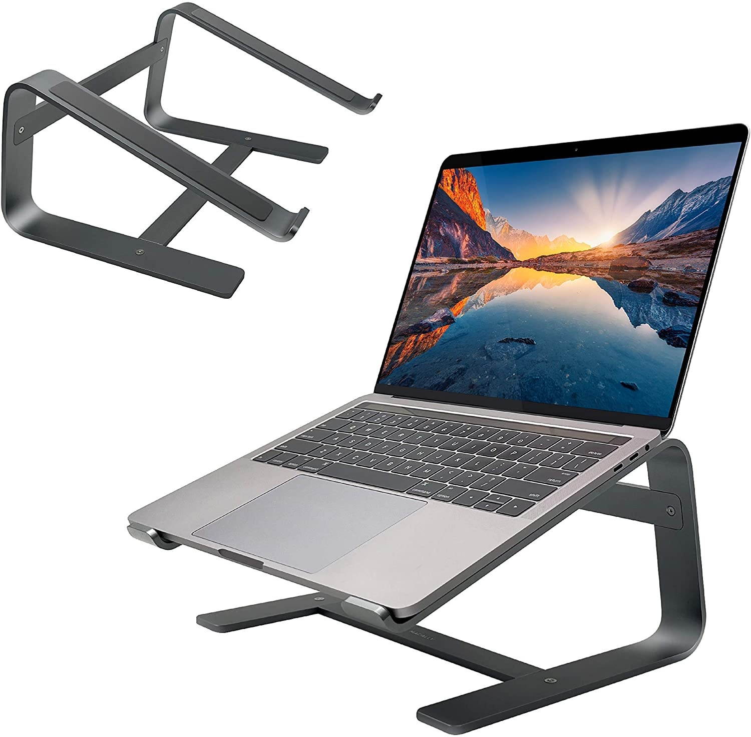 Macally Space Grey Bluetooth Solar Keyboard and a Space Grey Ergonomic Laptop Stand, Complement Your Space Grey Mac