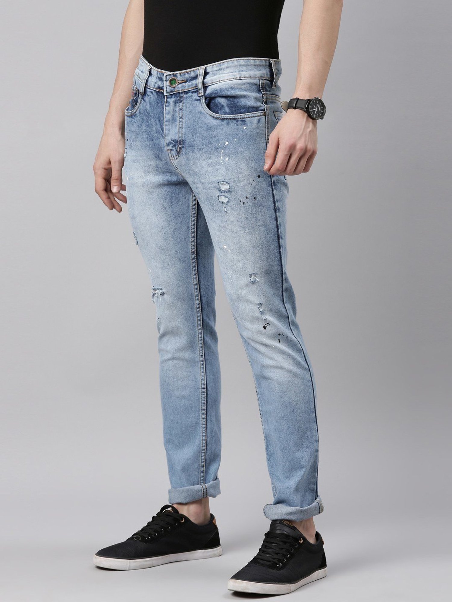 CINOCCI Sky Blue Cotton Slim Fit Distressed Jeans