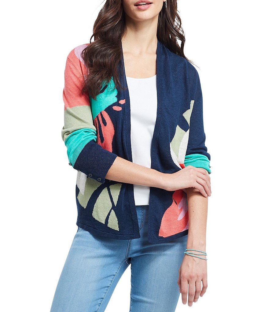 NIC + ZOE Bursting Petals Long Sleeve Open Front Linen Blend Cardigan