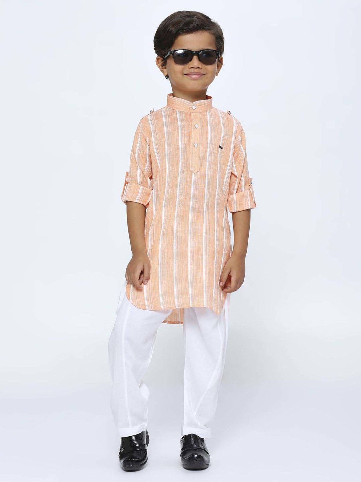 Kids Island Boys Orange Striped Full Sleeves Kurta Set