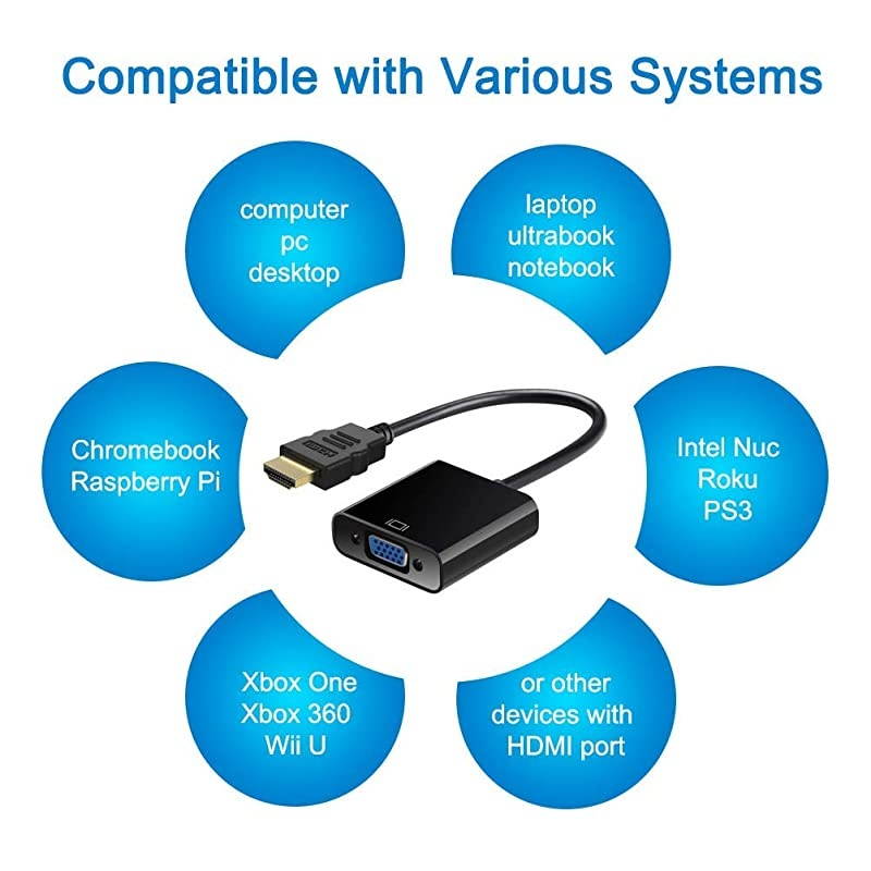 HDMI to VGA Adapter Male to Female for Computer Desktop Laptop PC Monitor Projector HDTV Chromebook Raspberry Pi Roku Xbox and More Black 5