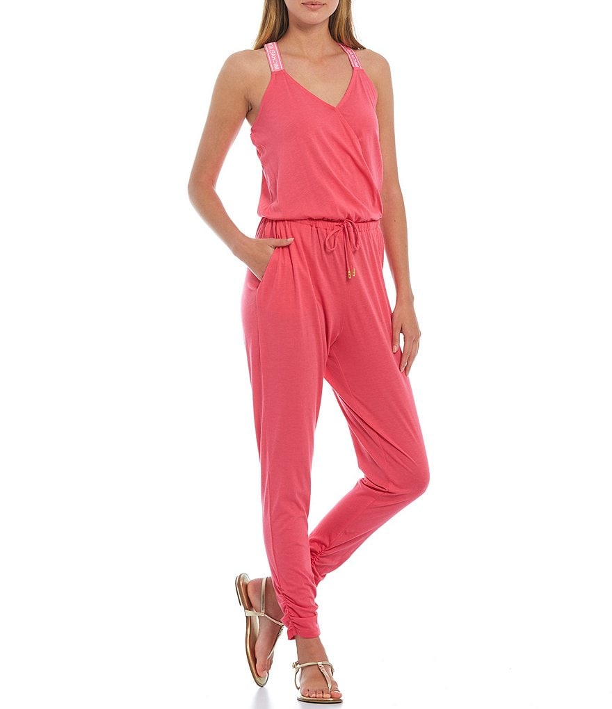 MICHAEL Michael Kors Knit Jersey V-Neck Logo Straps Sleeveless Crisscross Back Drawstring Waist Jumpsuit