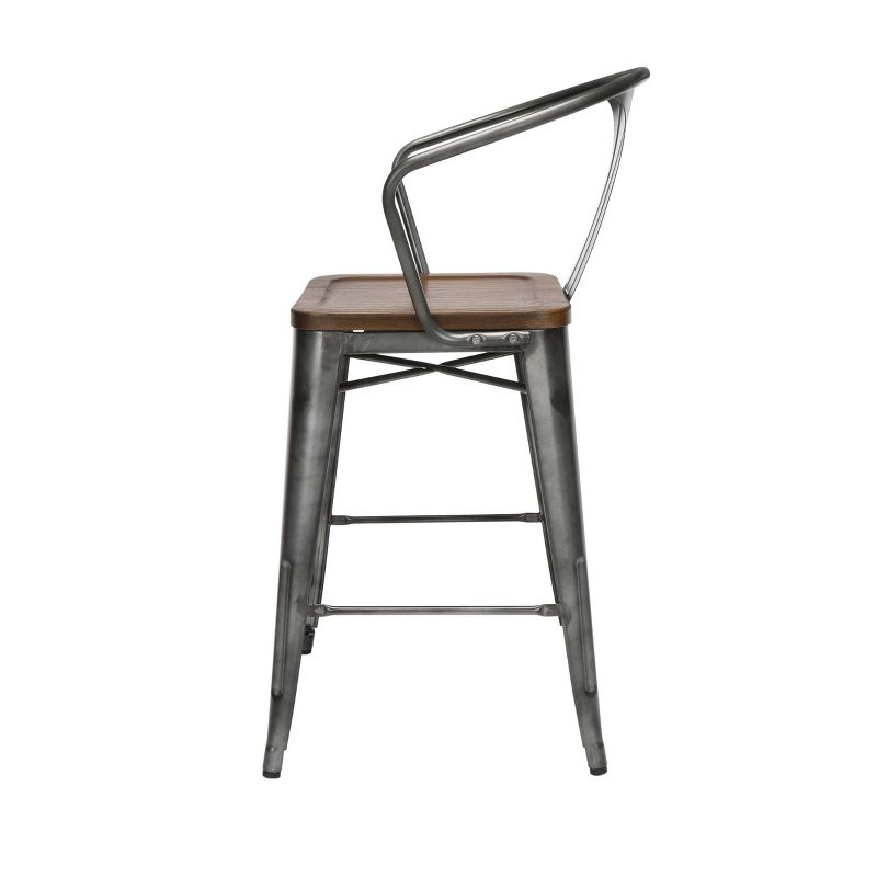 Set of 4 26" Industrial Modern Mid Back Galvanized Steel Counter Height Barstool with Arms and Solid Ash Wood Seats Gunmetal/Walnut - OFM