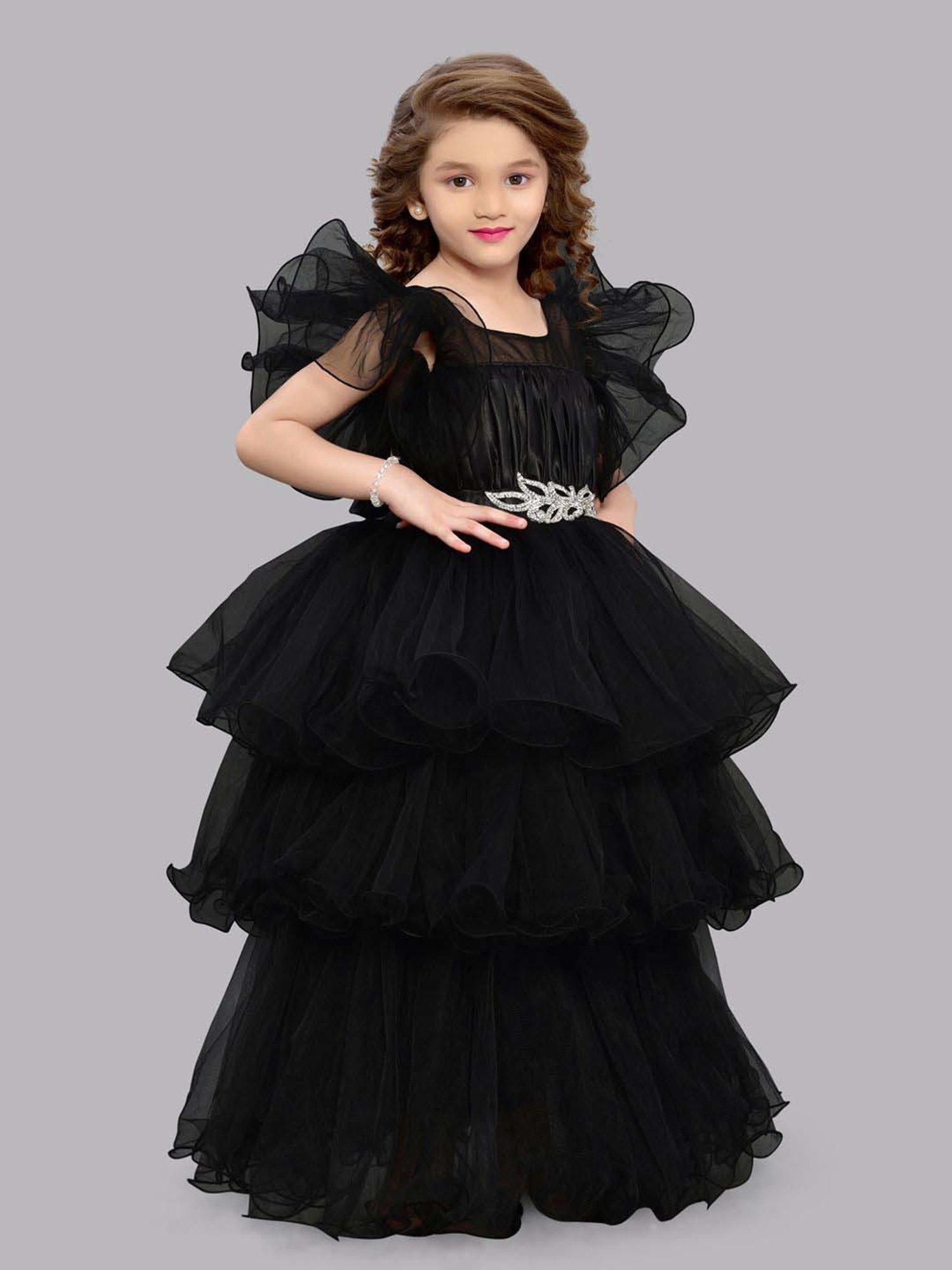 Pink Chick Kids Black Solid Party Gowns