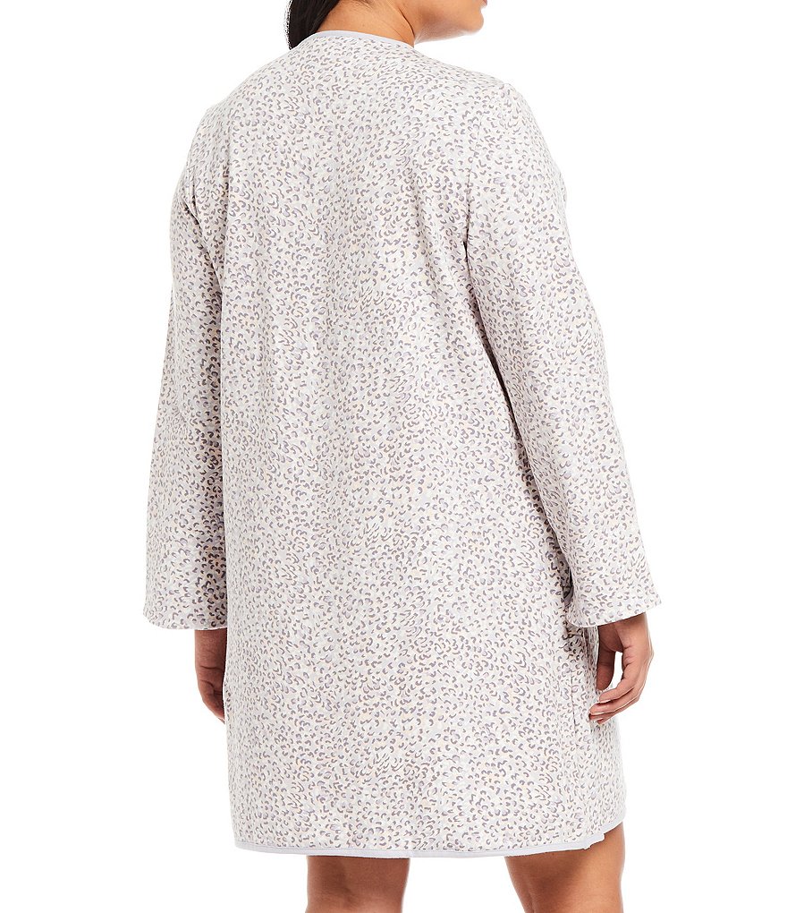 Miss Elaine Plus Leopard Print French Terry Round Neck Long Sleeve Zip Front Short Robe