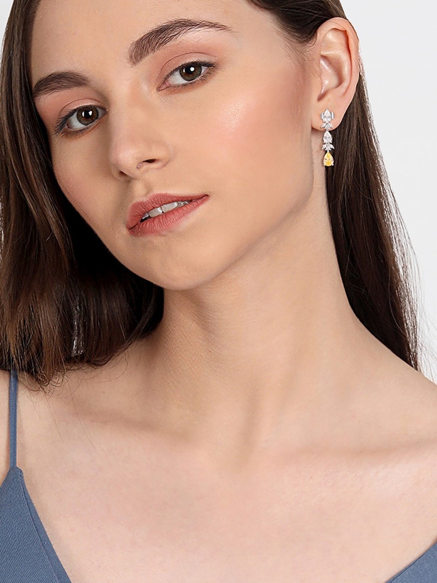 The Real Effect London Sonah Silver Citrine and White Stones Dangler Earrings