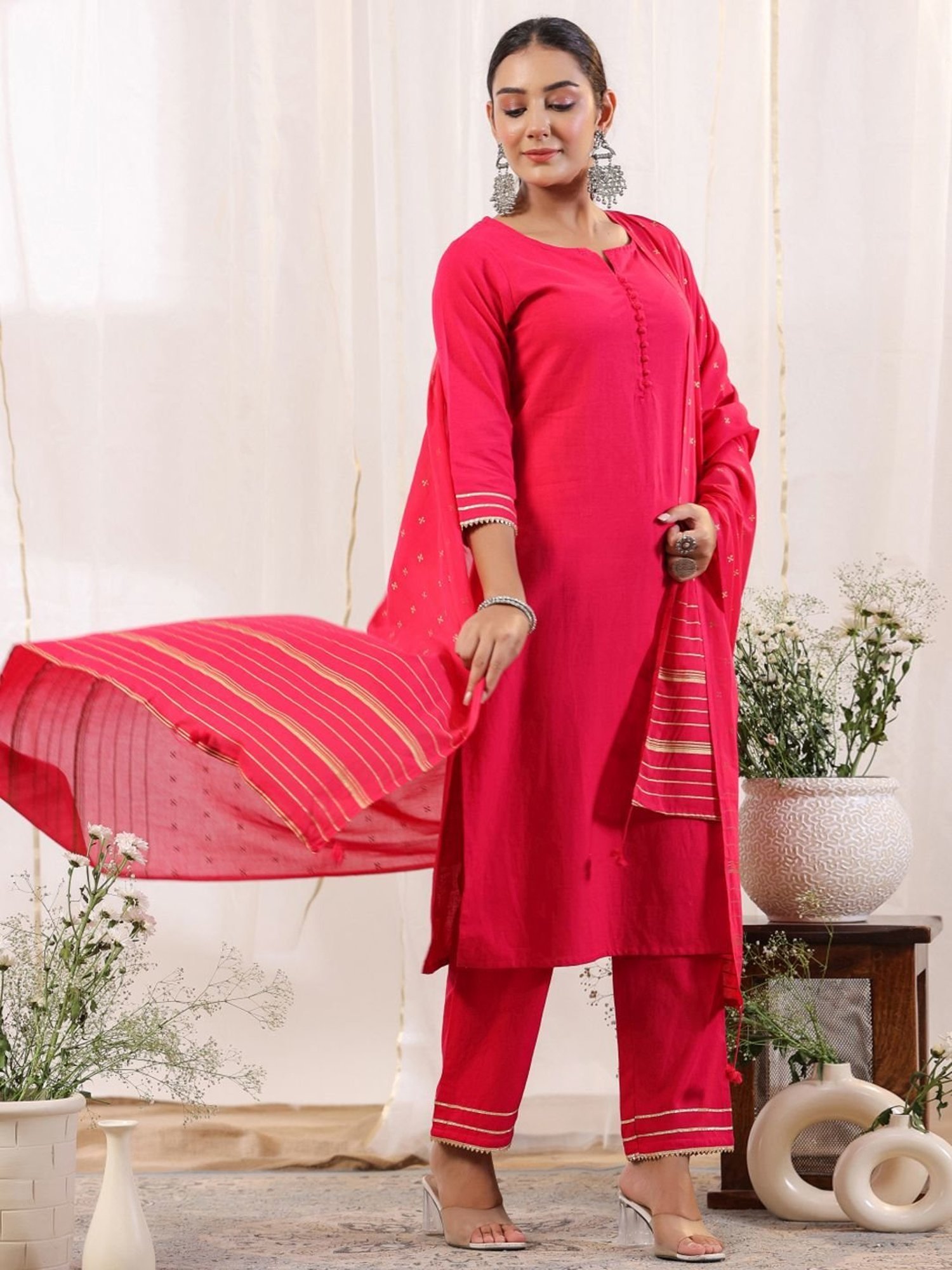 Anubhutee Pink Cotton Kurta Pant Set With Dupatta