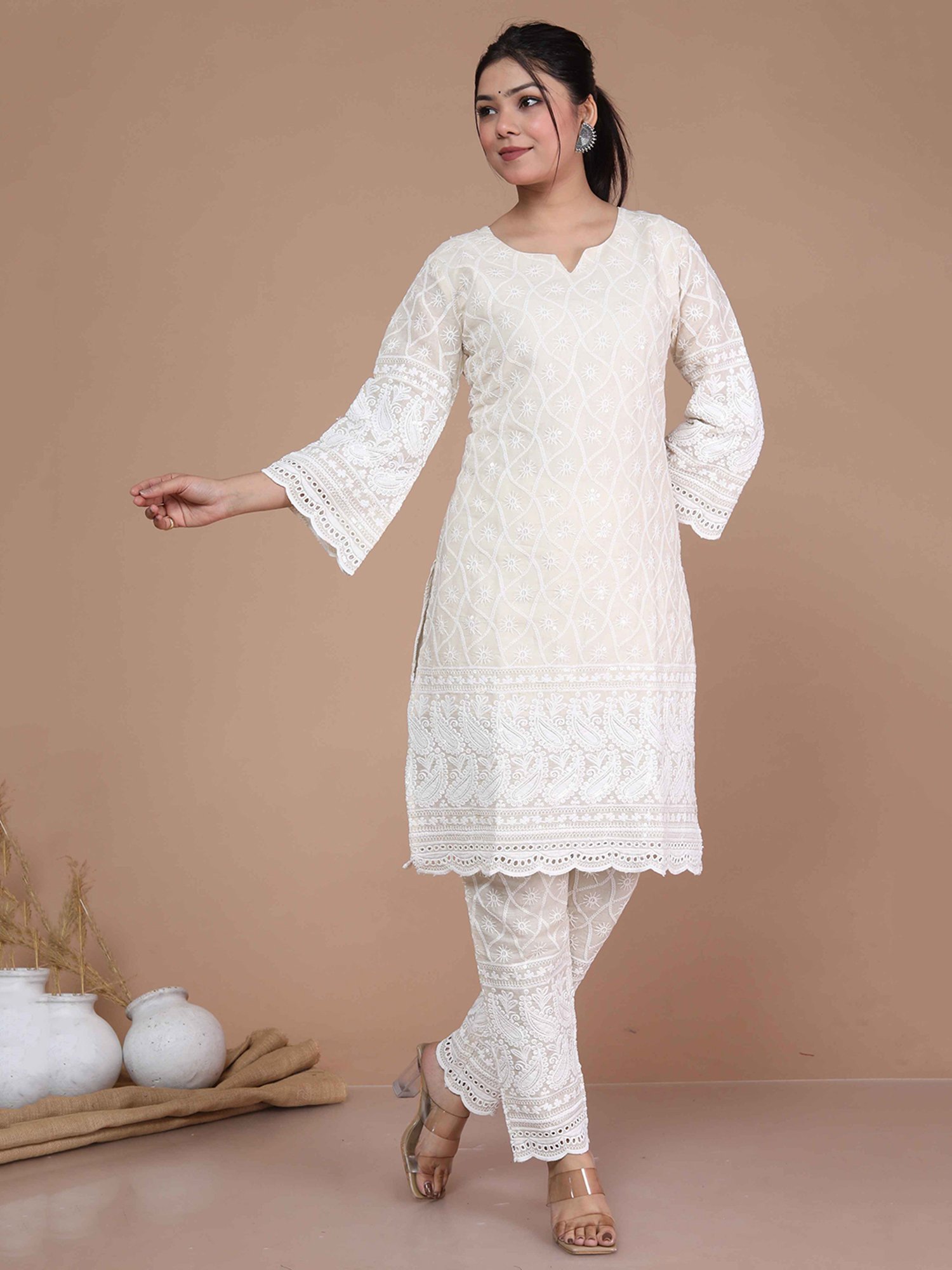 Miravan Beige Embroidered Kurta Pant Set