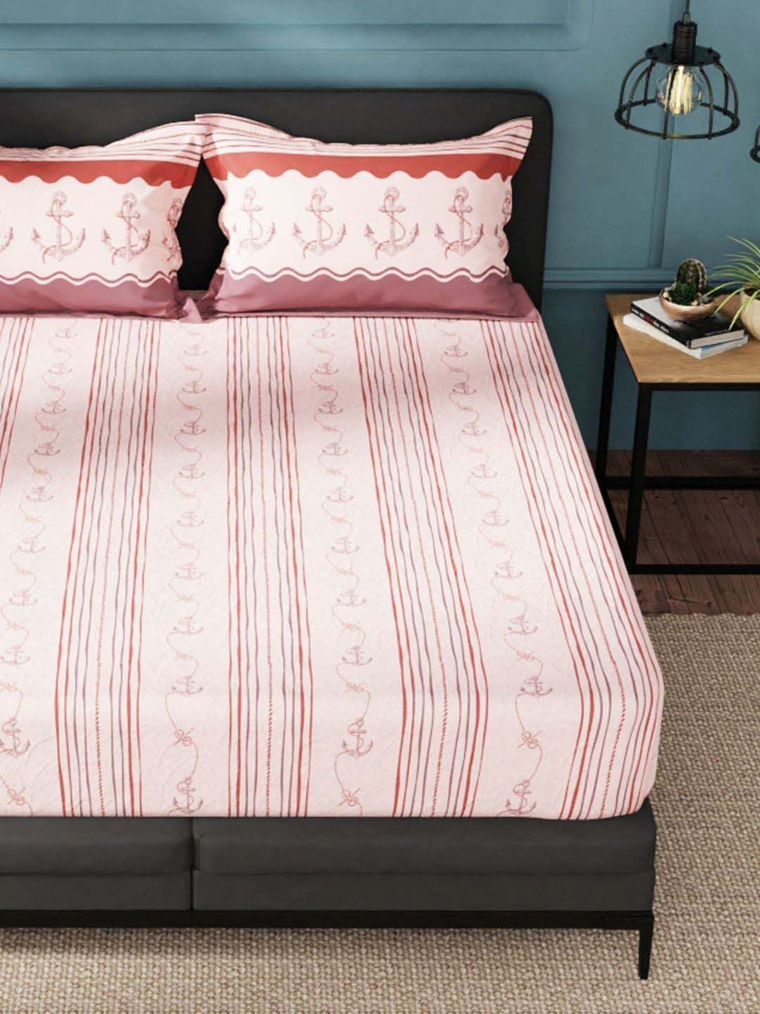 Nautica Fairwater Pink & Maroon 100% Cotton 160 TC King Bed Size With Pillow Covers