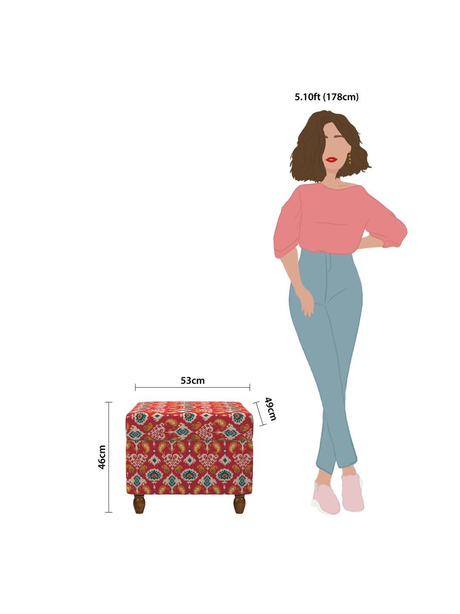 Chumbak Ikat Red Mango Wood Modern Trunk Storage Ottoman