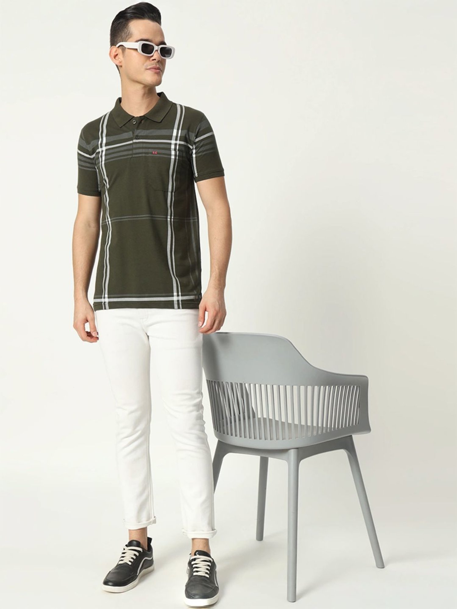 Tab91 Green Regular Fit Checks Polo T-Shirts