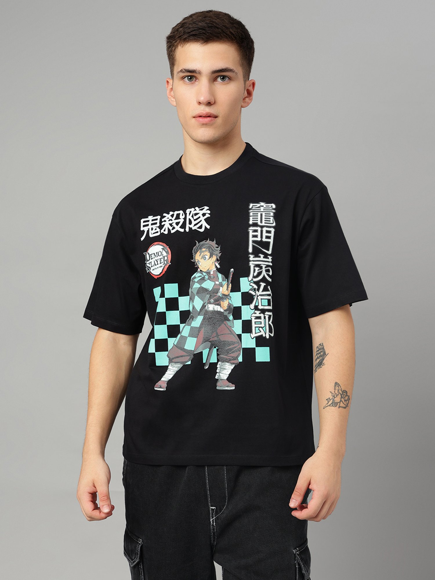 Free Authority Black Loose Fit Demon Slayer Print T-Shirt