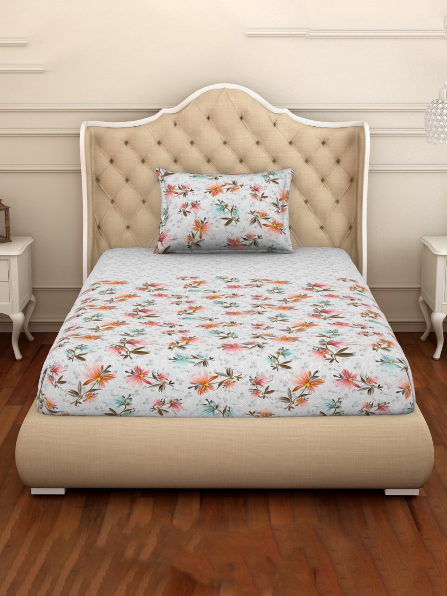 Welspun Floral Green 144 TC Cotton Single Bedsheet With Pillow Cover