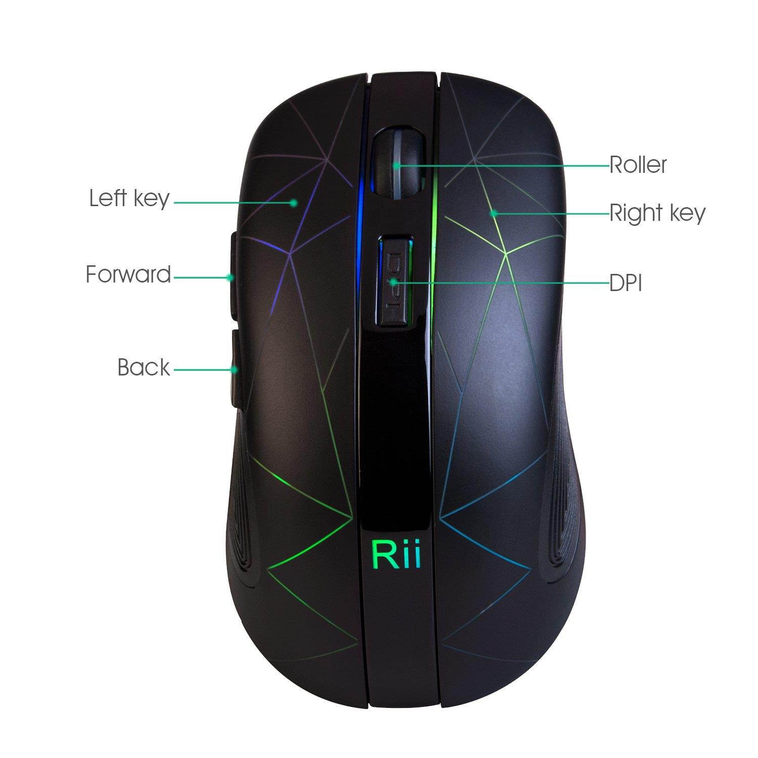 Rii RM200 Wireless Mouse,2.4G Wireless Mouse 5 Buttons Rechargeable Mobile Optical Mouse with USB Nano Receiver,3 Adjustable DPI Levels,Colorful LED Lights for Notebook,PC,Computer-Black