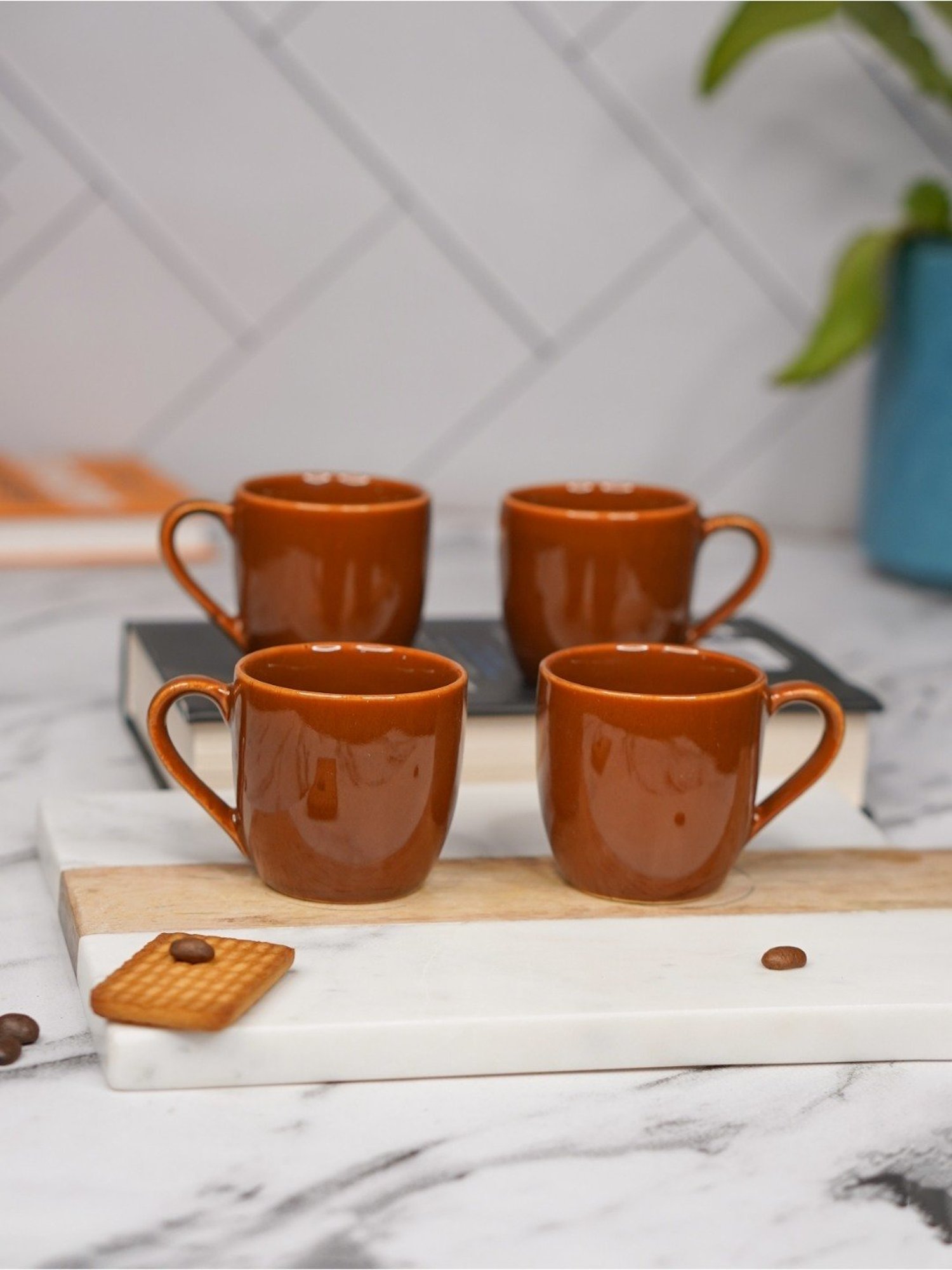 Living Roots Brown Ceramic Mug - Set Of 4 (110 ml)