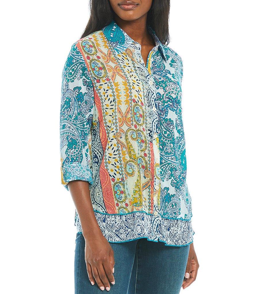 Tru Luxe Jeans Mixed Print Roll-Tab Sleeve Crinkle Shirt