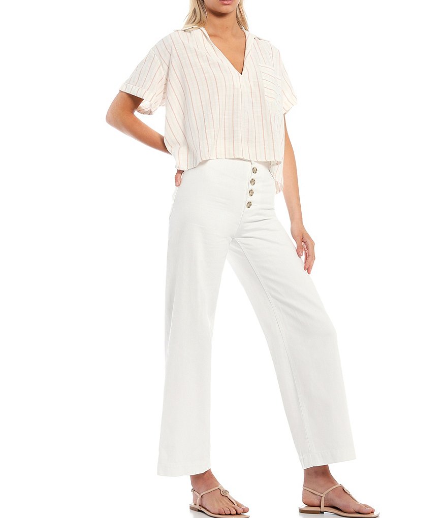 Every Stripe Pocket Cropped Button Front Top