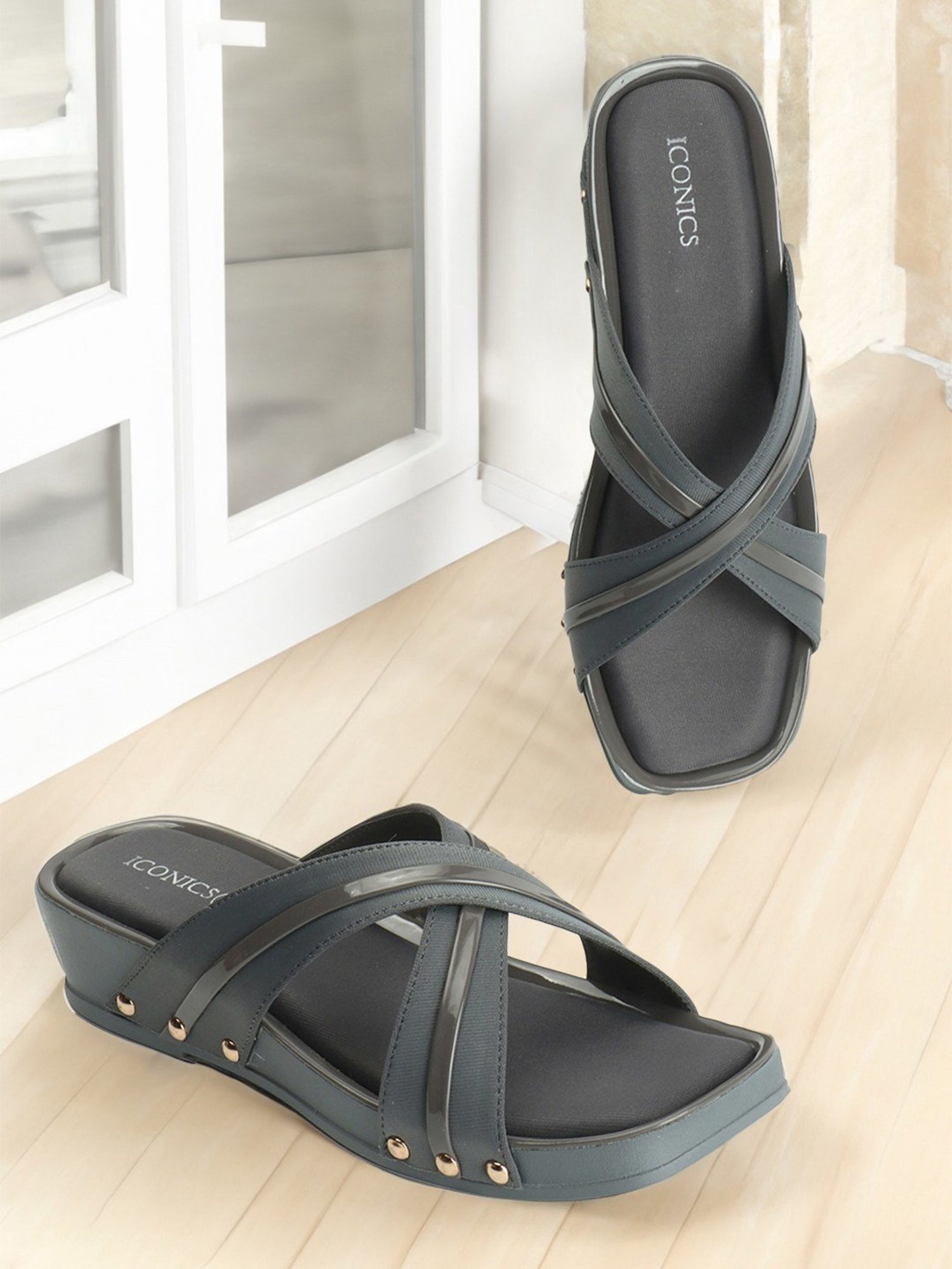 Iconics Women's Blue Cross Strap Wedges