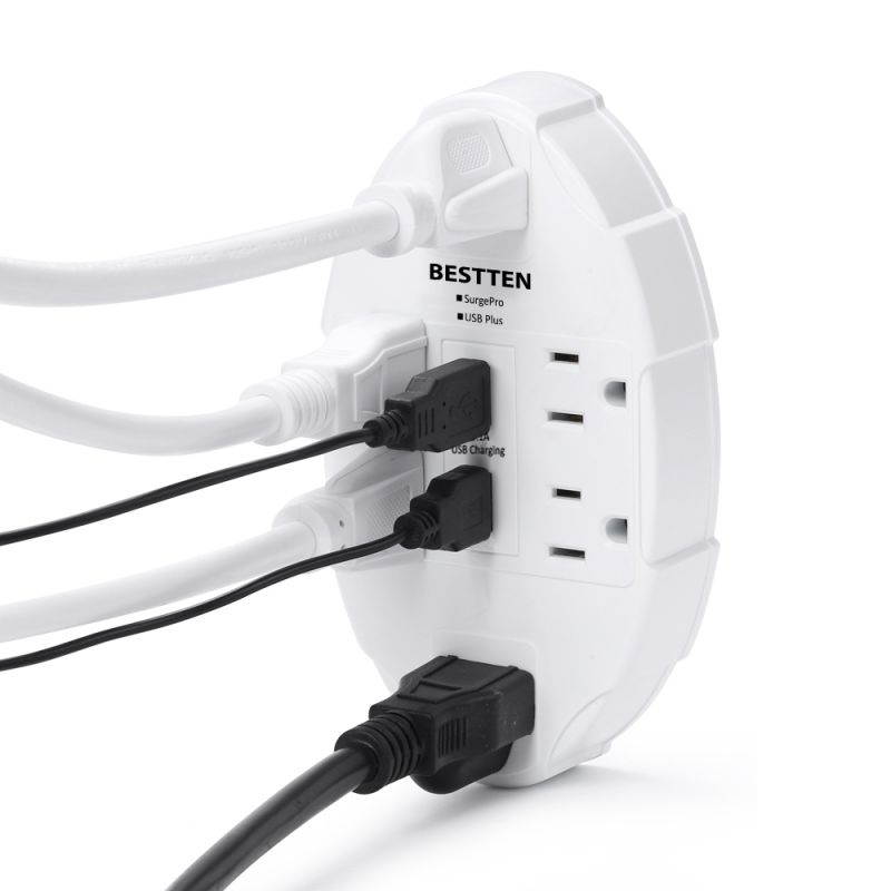 [2 Pack] BESTTEN 6-Outlet Wall Mount Surge Protector with 2 USB Charging Ports (2.4A/Port, 3.1A Shared) and 6 AC Outlets, Wall Tap Adapter Plug Splitter, ETL Certified, White