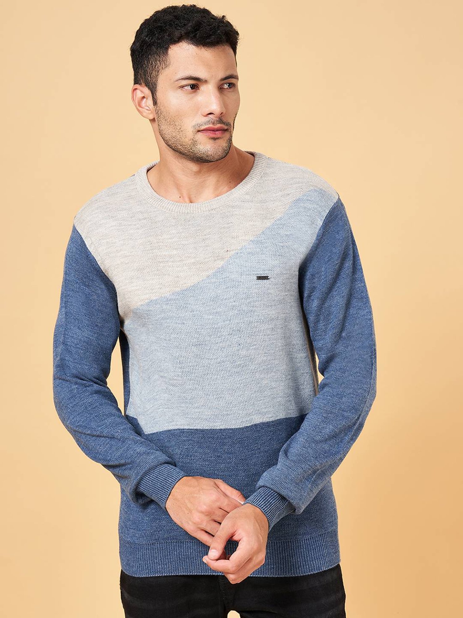 Byford by Pantaloons Blue Slim Fit Self Pattern Sweater
