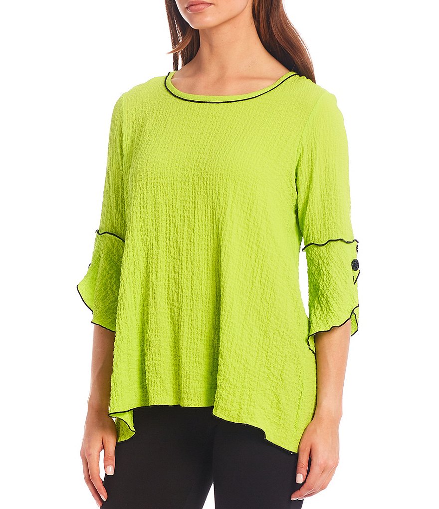 Ali Miles Crinkle Jewel Neck 3/4 Bell Sleeve Hi-Low Hem Top