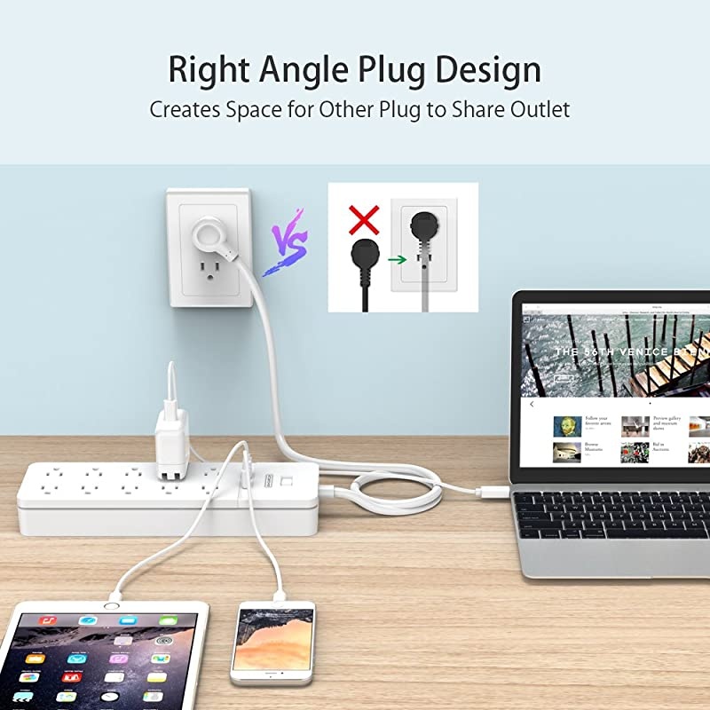 Protector Power Strip NTONPOWER 10 Outlets Power Strip with 2 USB Ports Power Strip Flat Plug 5ft HeavyDuty Extension Cord 15A Circuit Breaker Wall Mount for Home and Office White