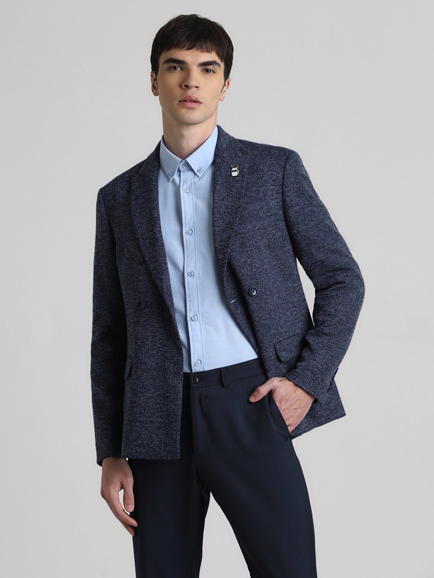 Jack & Jones Navy Blazer Slim Fit Self Pattern Blazer