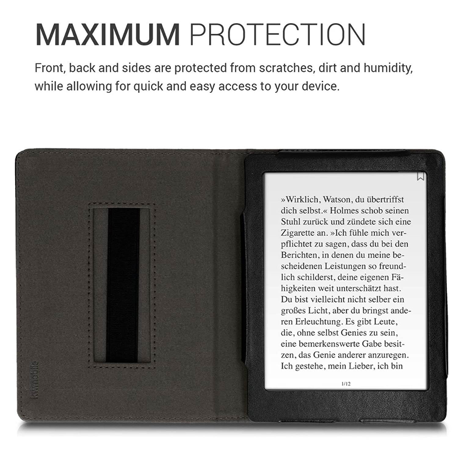 kwmobile Case Compatible with Kobo Aura H2O Edition 2 - PU Leather Cover with Magnetic Closure, Strap, Front Pocket - Black