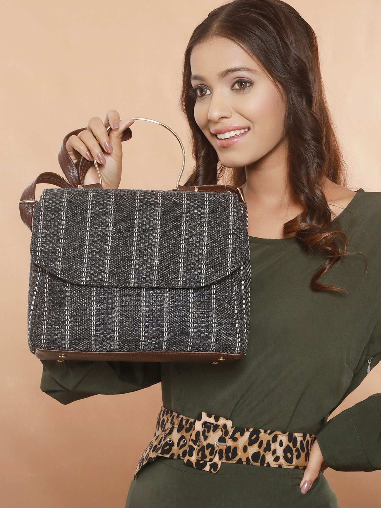 Aatmana Dark Grey Textured Small Satchel Handbag