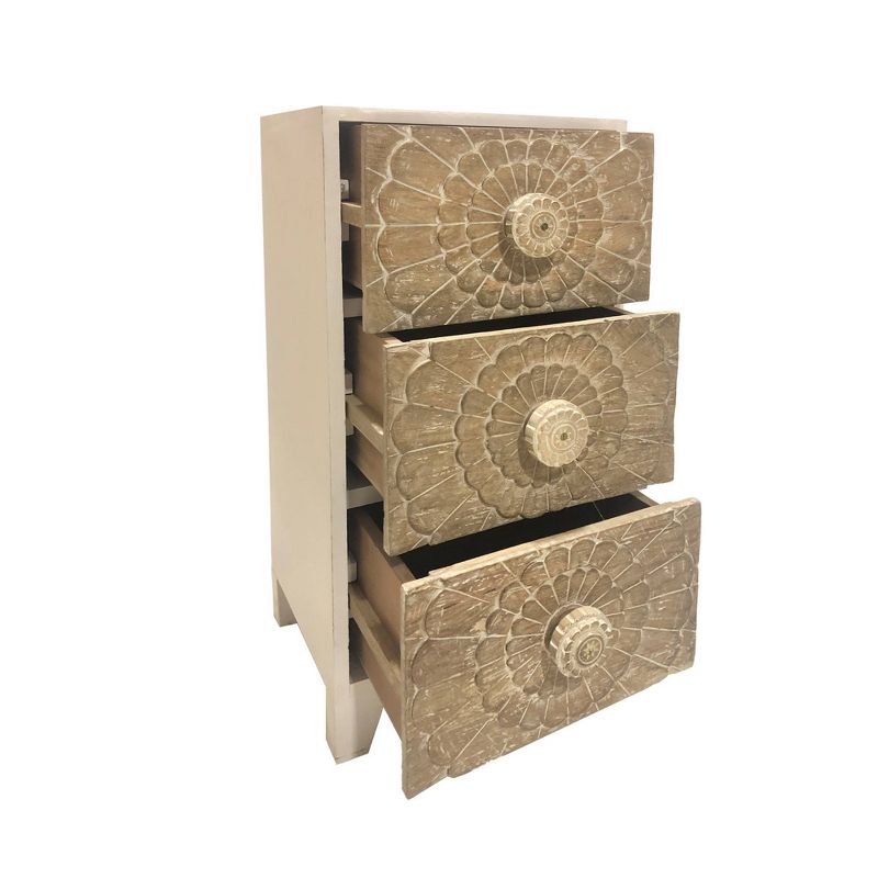 3 Drawer Mango Wood Accent Storage Cabinet with Detailed Front Panels Brown/White - The Urban Port