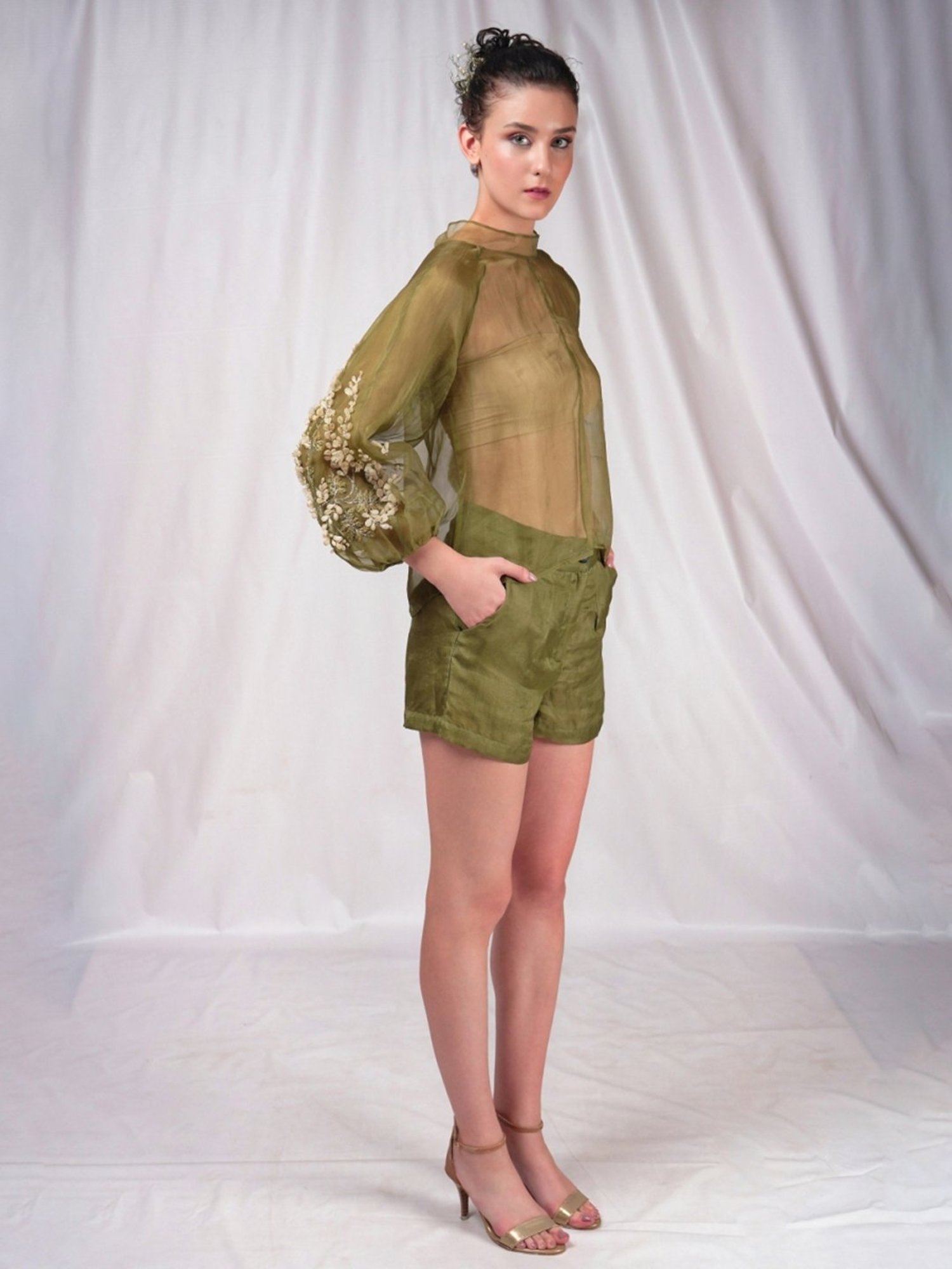 Seesa Green Spring Summer Mid-thigh Length Shorts