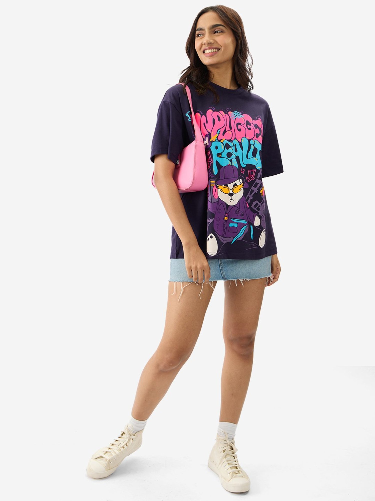 The Souled Store Purple & Navy Cotton Graphic Print Oversized T-Shirt