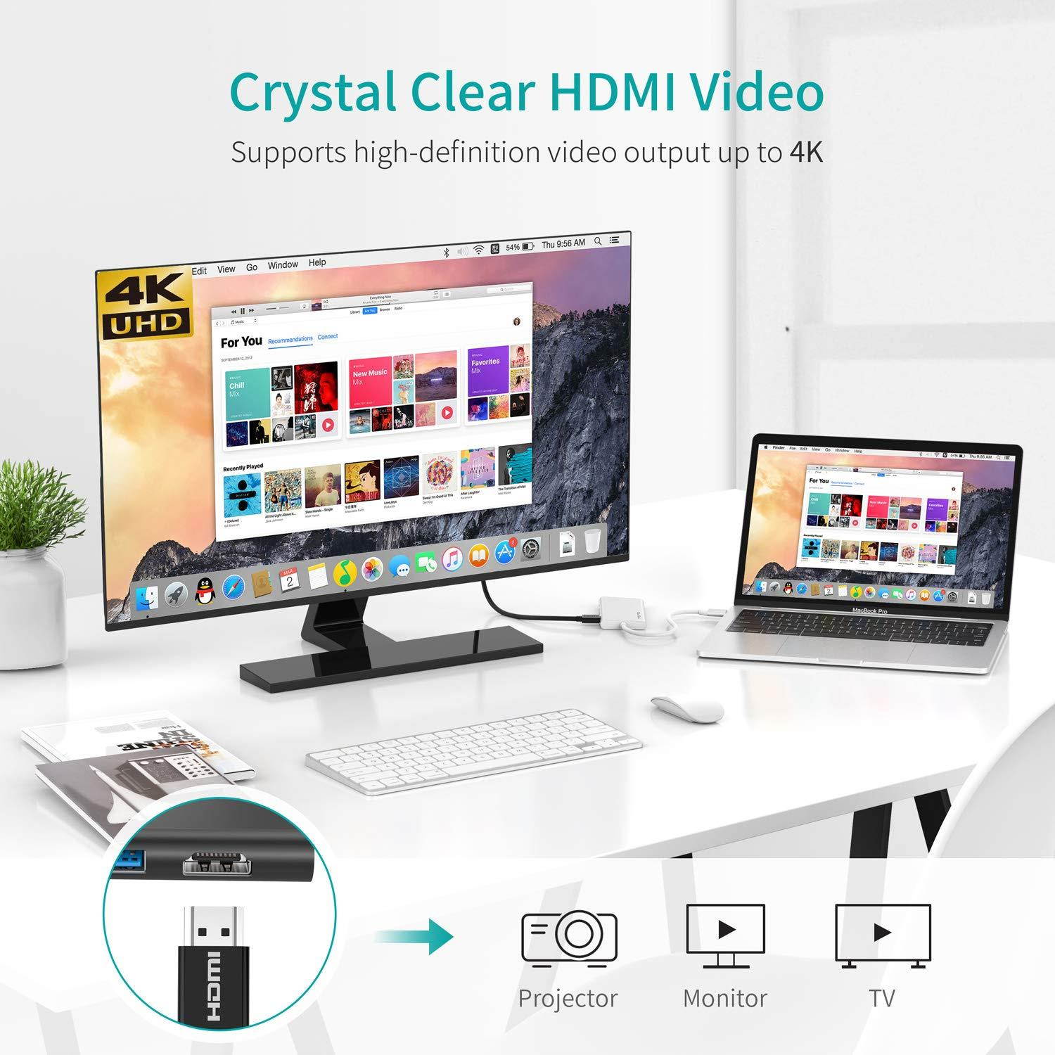 USB C Hub QacQoc 7-in-1 Type C Hub with PD Power Delivery, 4K USB C to HDMI, SD Card Reader, 3 USB 3.0 Ports for MacBook Pro and Type C Windows Laptops(Silver)