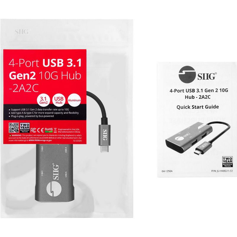 SIIG 4-Port USB 3.1 Gen 2 10G Hub - 2A2C - USB 3.1 (Gen 2) Type C - External - 4 USB Port(s) - 4 USB 3.1 Port(s) - PC, Mac