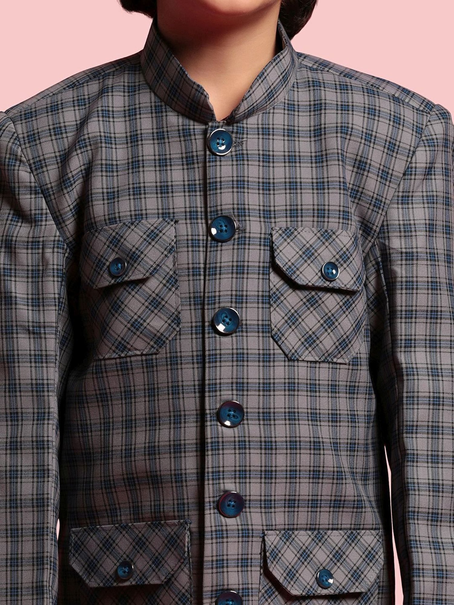 AJ Dezines Kids Blue & Black Chequered Full Sleeves Blazer Set