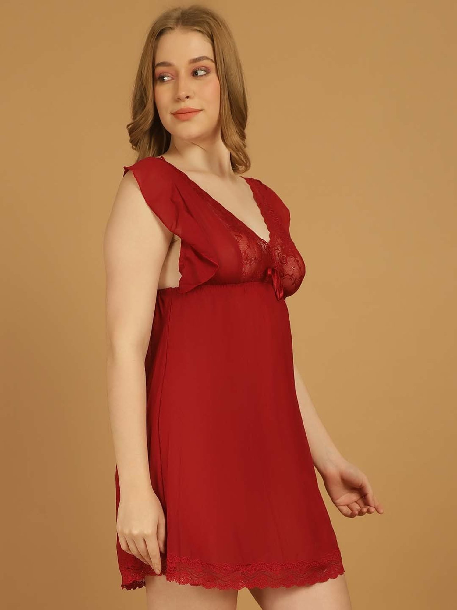 Stylee LIFESTYLE Maroon Lace Work Babydoll With Brief