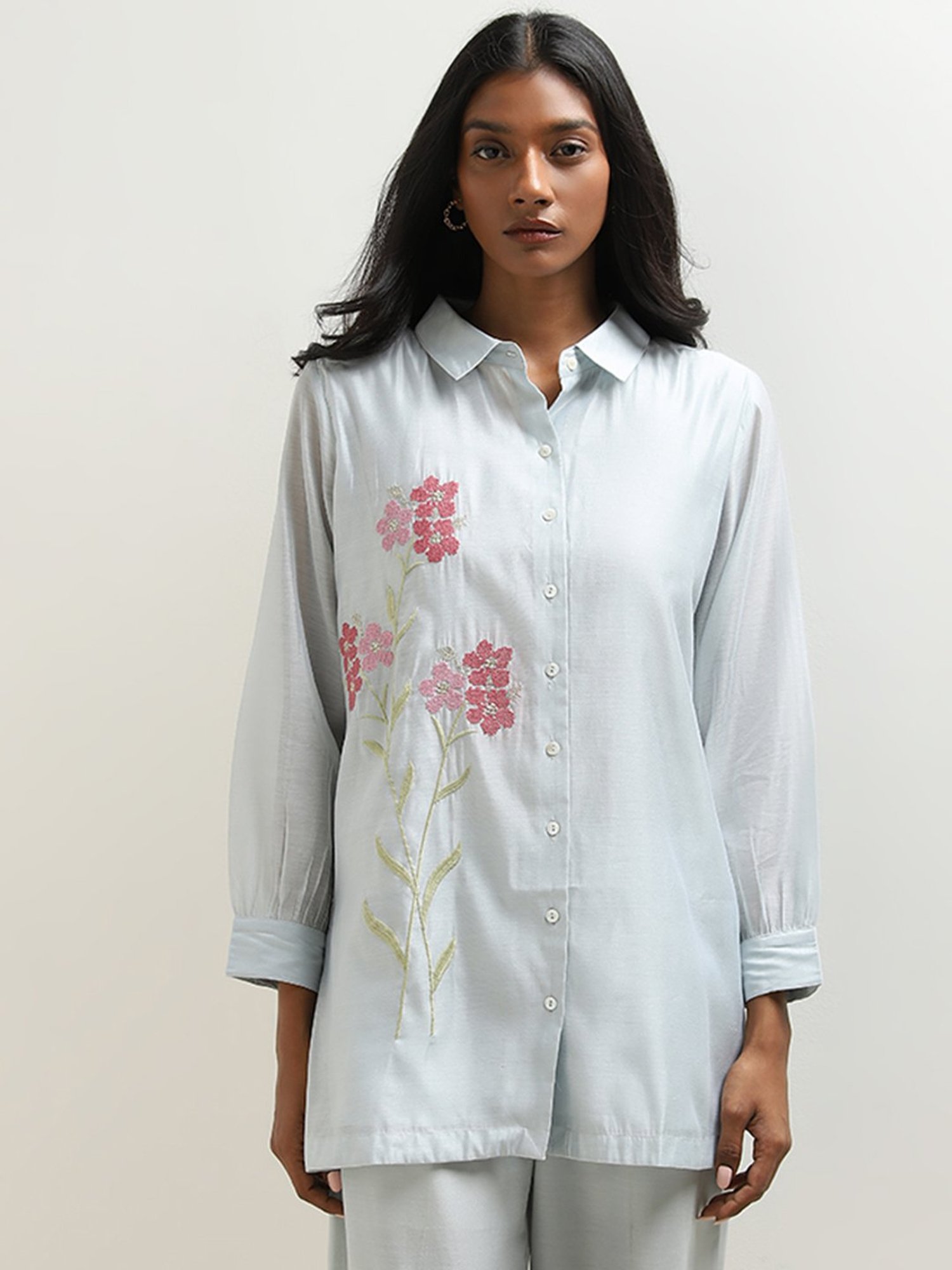 Vark by Westside Light Blue Floral Embroidered Tunic & Ethnic Pants Set