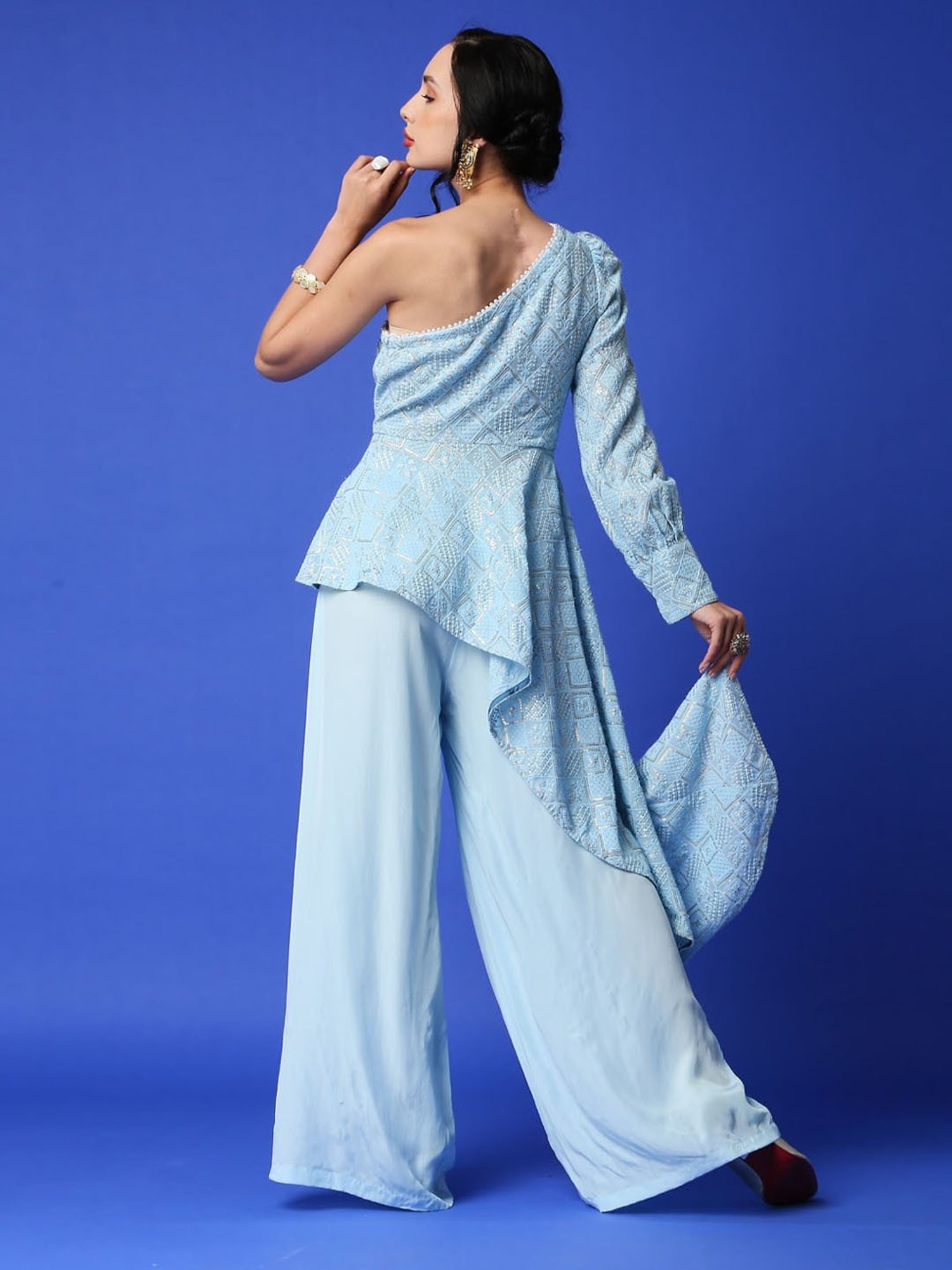 Monk and Mei Zeenat Chikankari Top & Palazzo Pants- Ice Blue