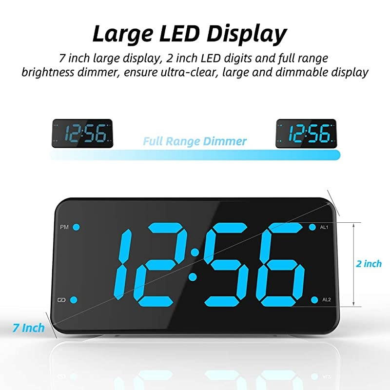 Loud Alarm Clock with Bed Shaker Vibrating Alarm Clock for Heavy Sleepers Deaf and Hard of Hearing Dual Alarm Clock with USB Charger 7Inch Display Full Range Dimmer Battery Backup Blue