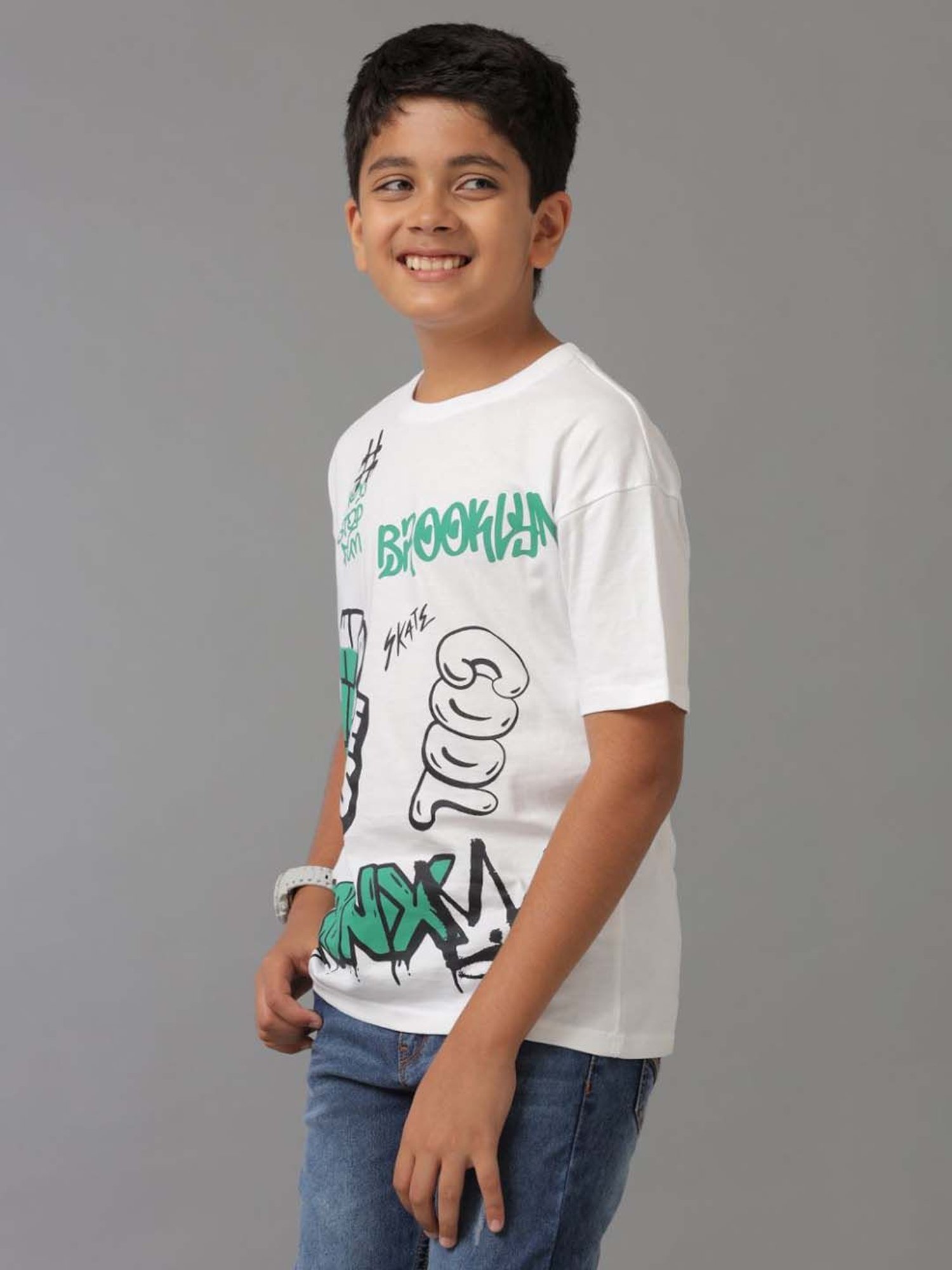 Under Fourteen Only Kids White Cotton Printed T-Shirt