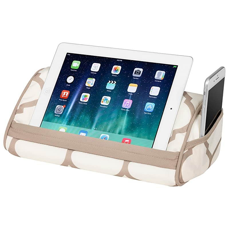 Designer Tablet Pillow Stand with Phone Pocket Beige Quatrefoil Fits Most Tablet Devices Style No 35516