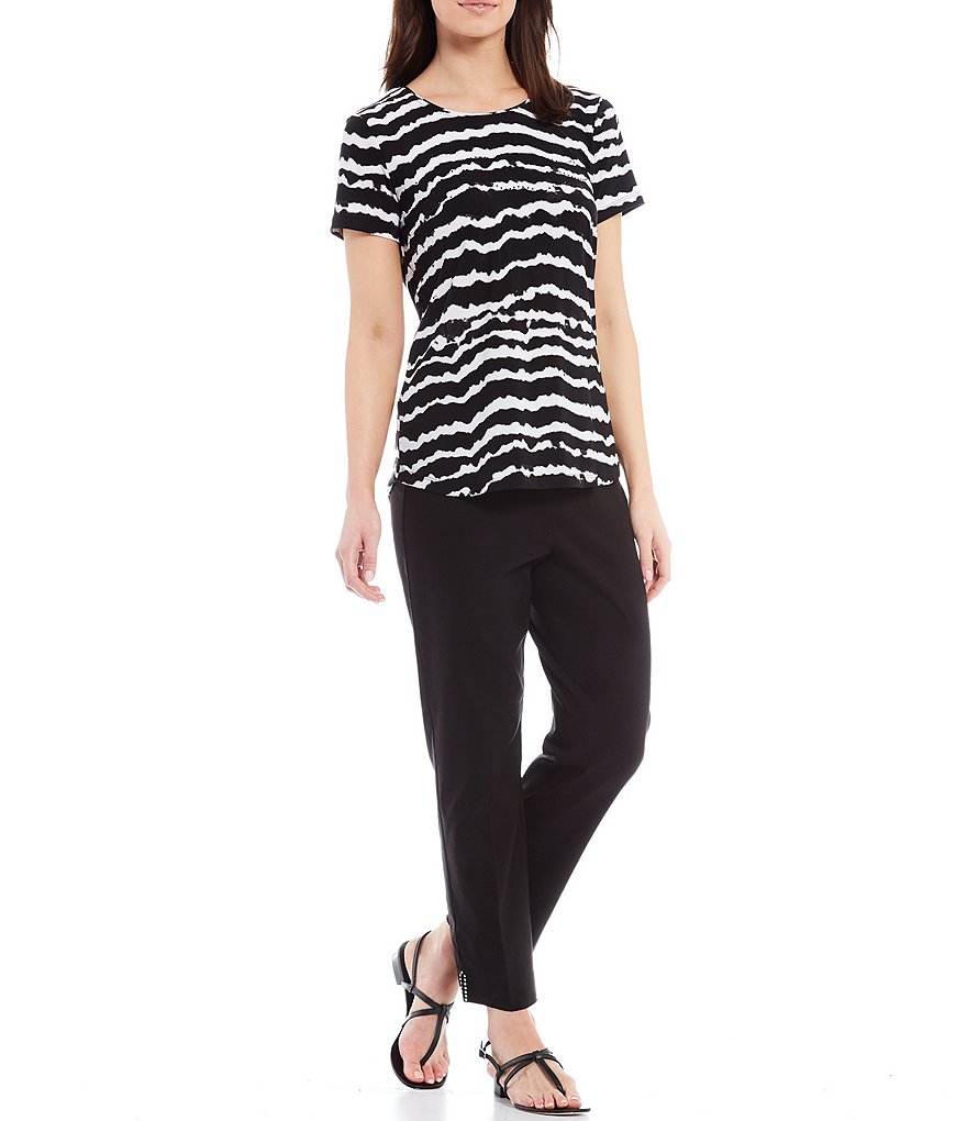 Allison Daley Petite Size Tie Dye Striped Embellished Detail Short Sleeve Top