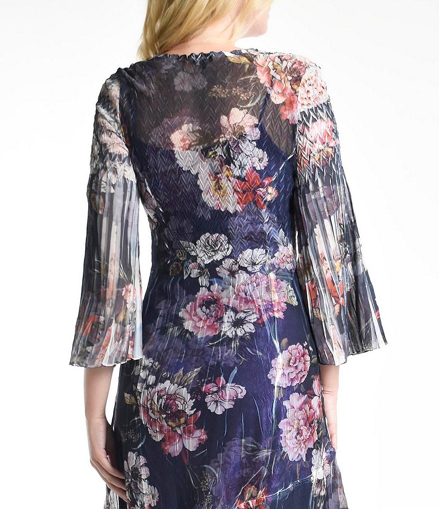 Komarov Floral V-Neck Pleated 3/4 Sleeve Knee Length Chiffon Dress