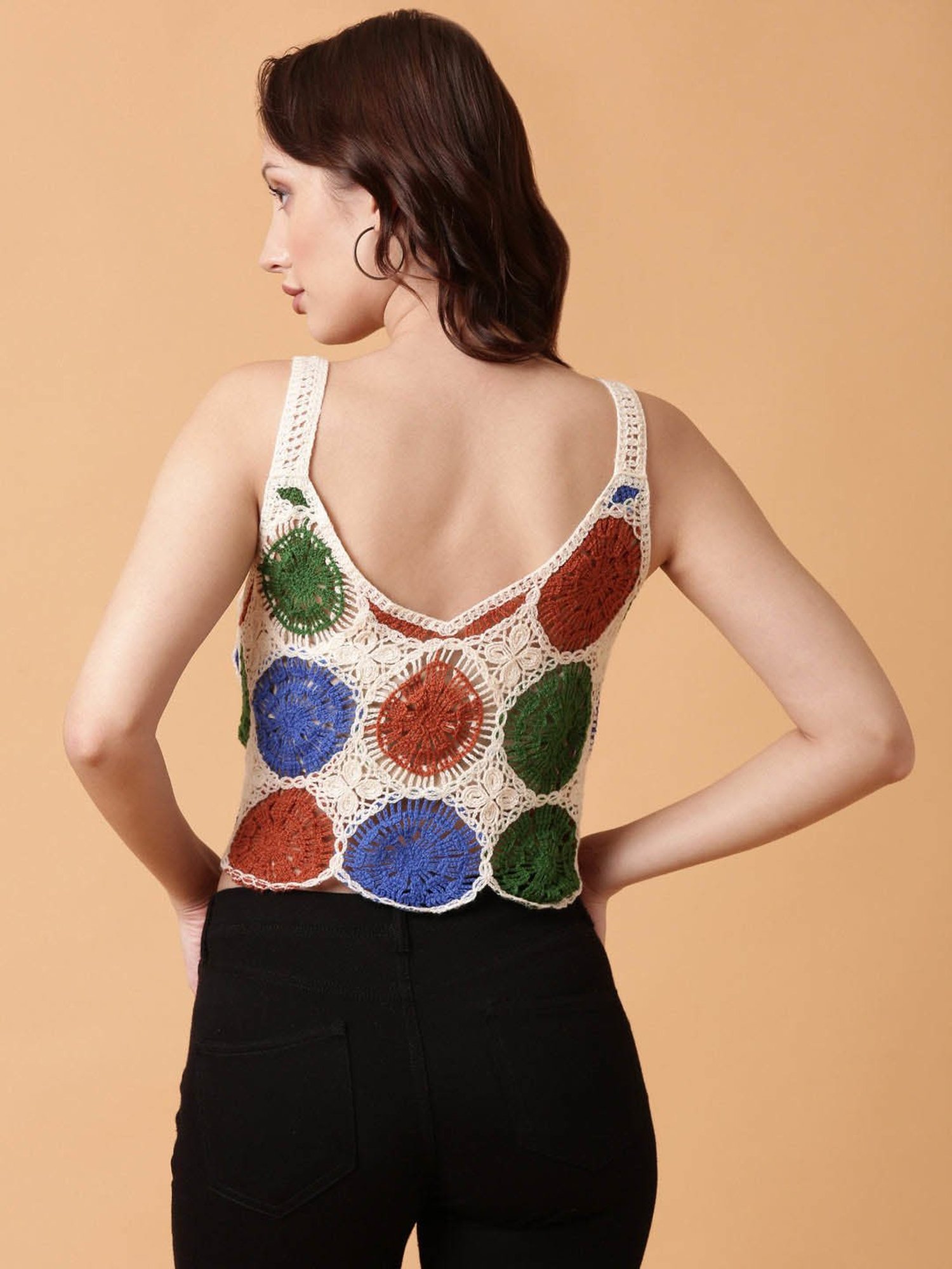 SHOWOFF Brown & Cream Self Design Crop Top