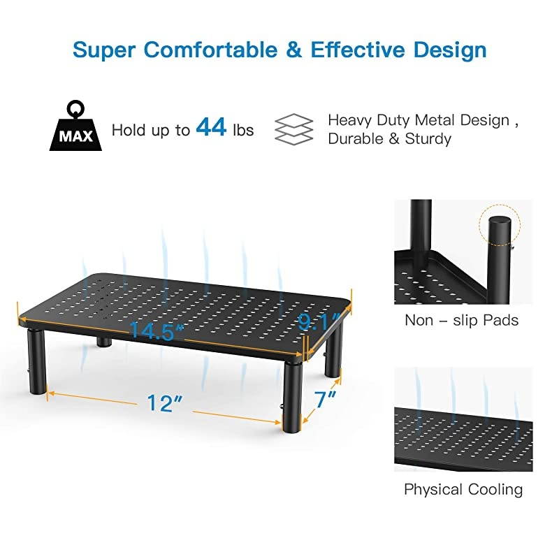 Monitor Stand Riser - 3 Height Adjustable Monitor Stand for Laptop, Computer, iMac, PC, Printer, Desktop Ergonomic Metal Monitor Riser Stand with Mesh Platform for Airflow by