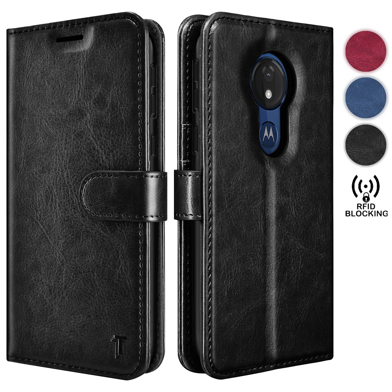 Moto G7 Power Case, Motorola Moto G7 Optimo Maxx/Moto G7 Supra Wallet Case, Tekcoo Premium [RFID Blocking] Cash ID Credit Card Slots Holder Carrying Vegan Leather Folio Flip Cover Cases [Black]