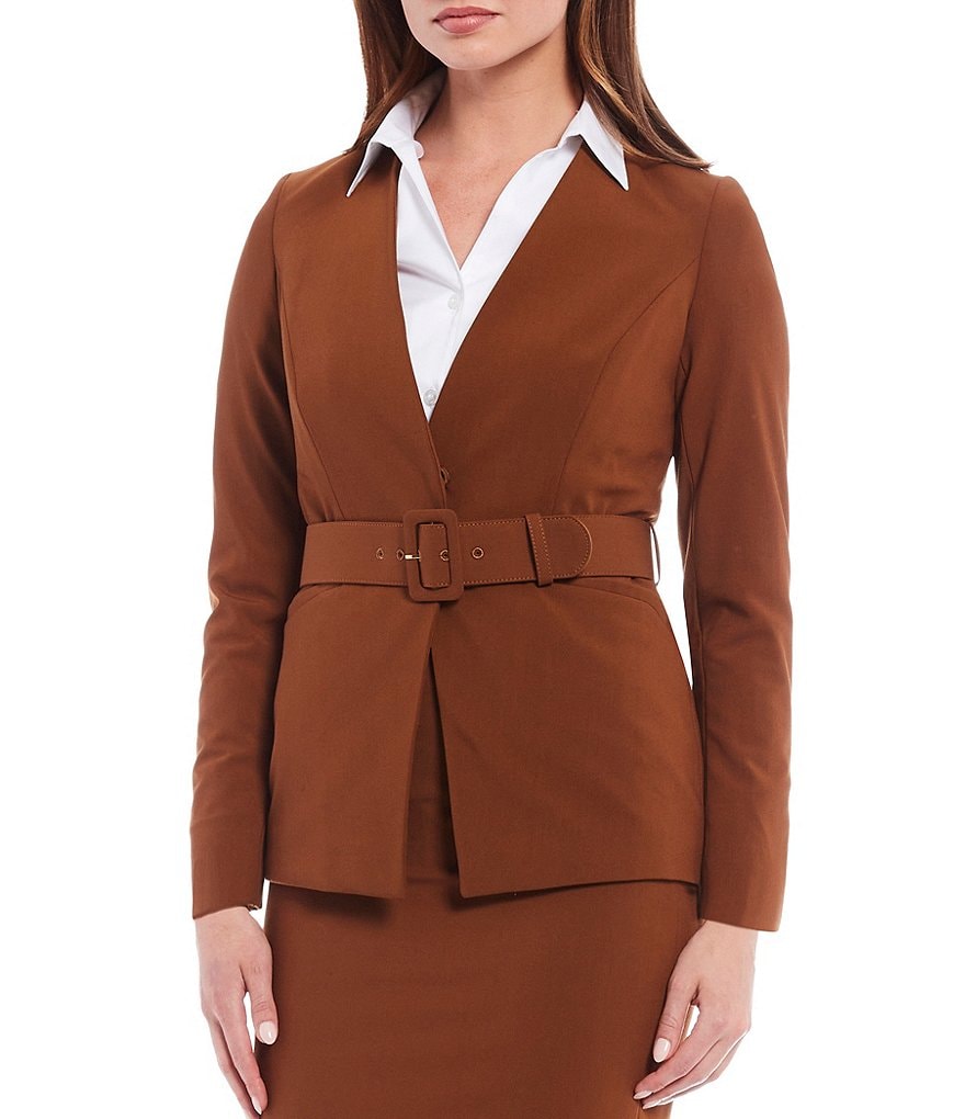 Calvin Klein Petite Size Lux Stretch Suiting V-Neck Belted Jacket
