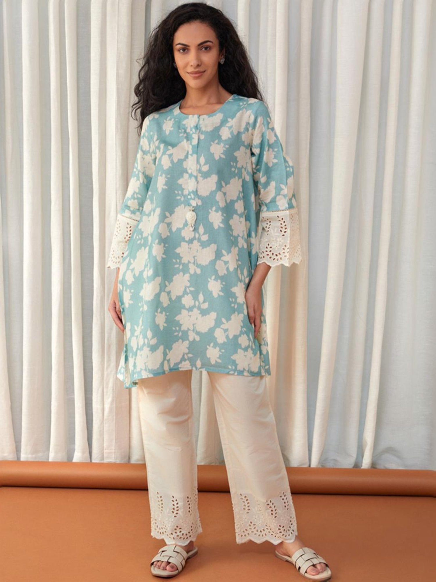Bombay Bloom Unbleached Aqua Blue Flared Cutwork Linen Tunic with Pant Co-ord Set